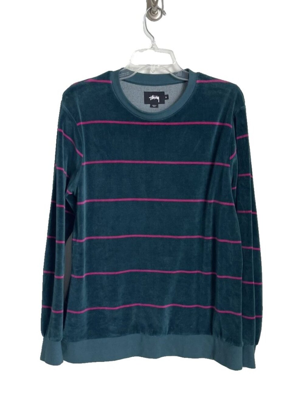 Stussy Teal Striped Velvet Velour Sweatshirt Long Sleeve Top Men's